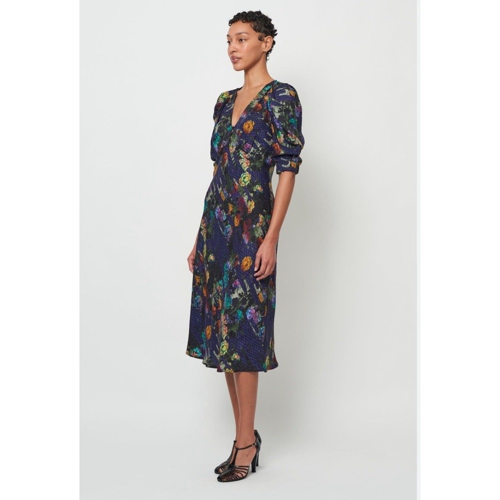 Raquel Allegra Dress Size 0 Greta Midi Blue Floral Silk Blend Puff Career Formal